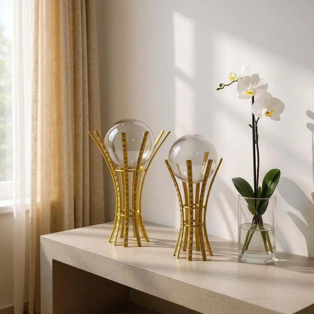 Escultura com Esfera de Vidro e Suporte em Ferro Dourado Alidolado