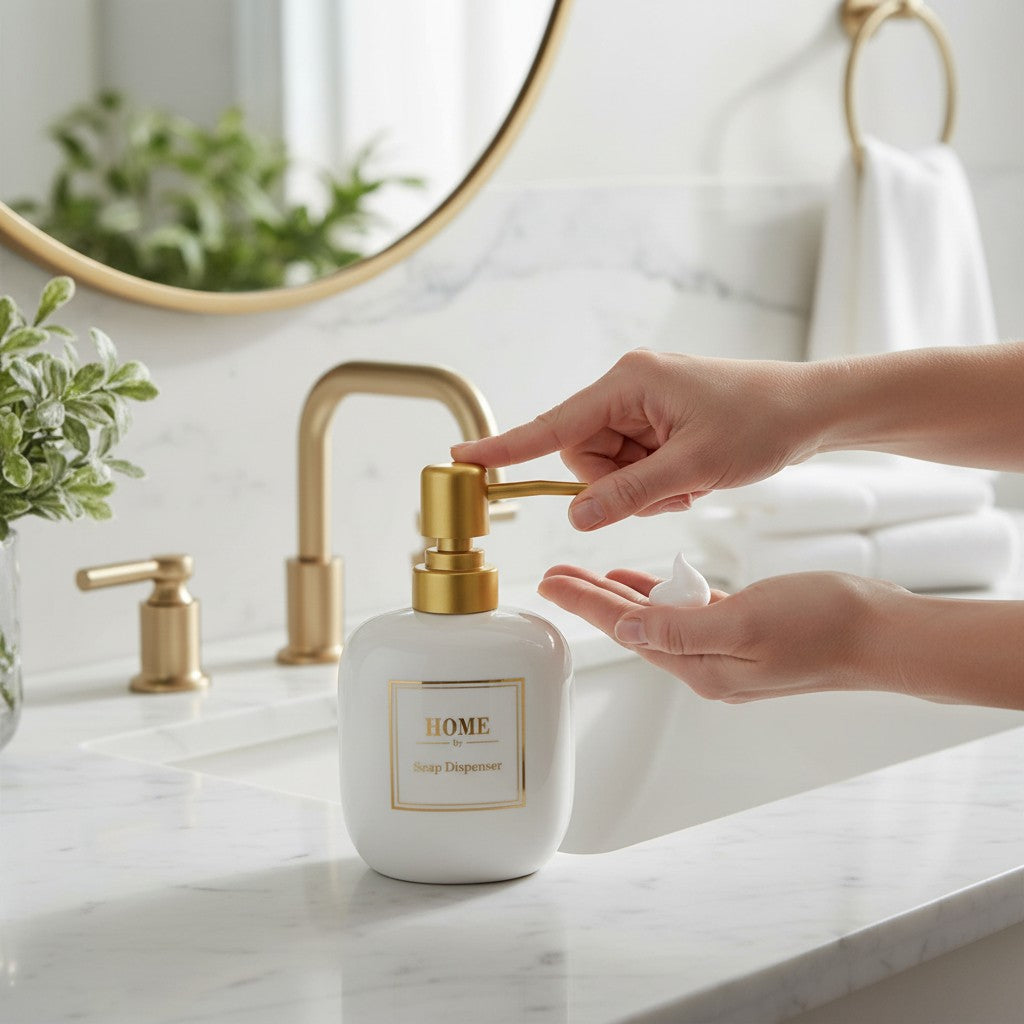 Dispenser de Sabonete Home Elegante em Cerâmica Branco com Tampa Dourada