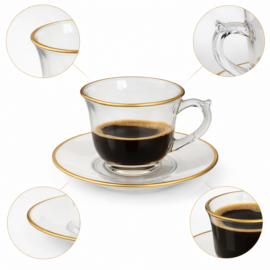 Xícara de Café de Vidro 230ml com Pires e Borda Dourada