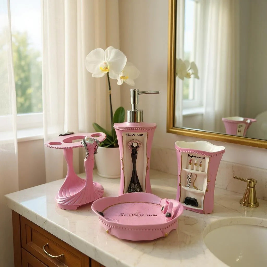 Conjunto de Acessórios para Banheiro Rosa Alidolado