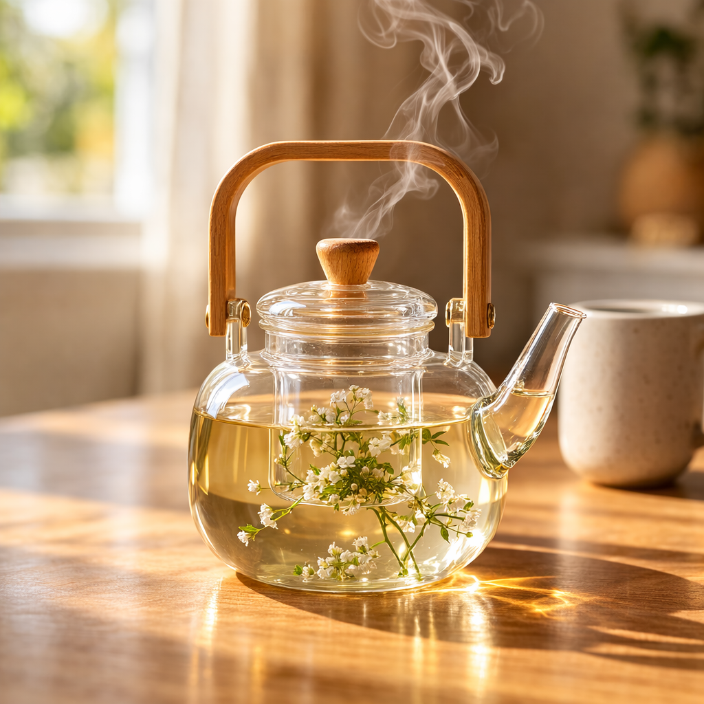 Chaleira Bule de Vidro 1000ML com Alça em Bambu