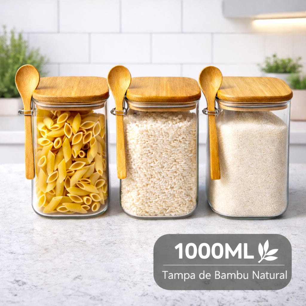 Potes Herméticos de Vidro Kit 3 unidades 1000ml com Tampa de Bambu e Colher  Porta Mantimentos