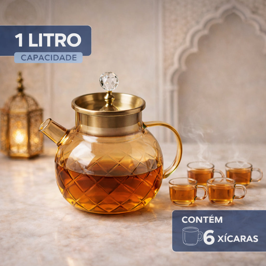 Conjunto de Chá em Vidro com Bule 1L e 6 Xícaras Transparentes