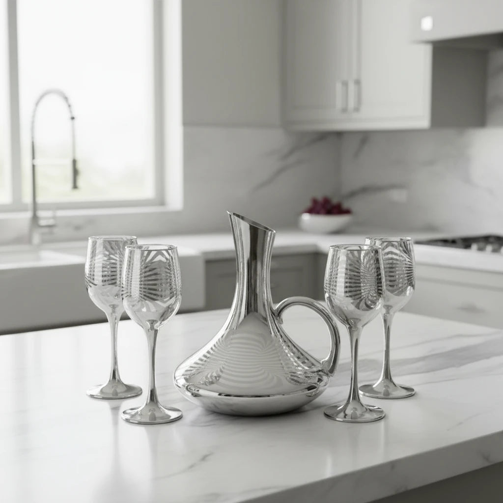 Conjunto de Jarra de Vidro 1,5L com Detalhes Dourados e Taça Decorativa