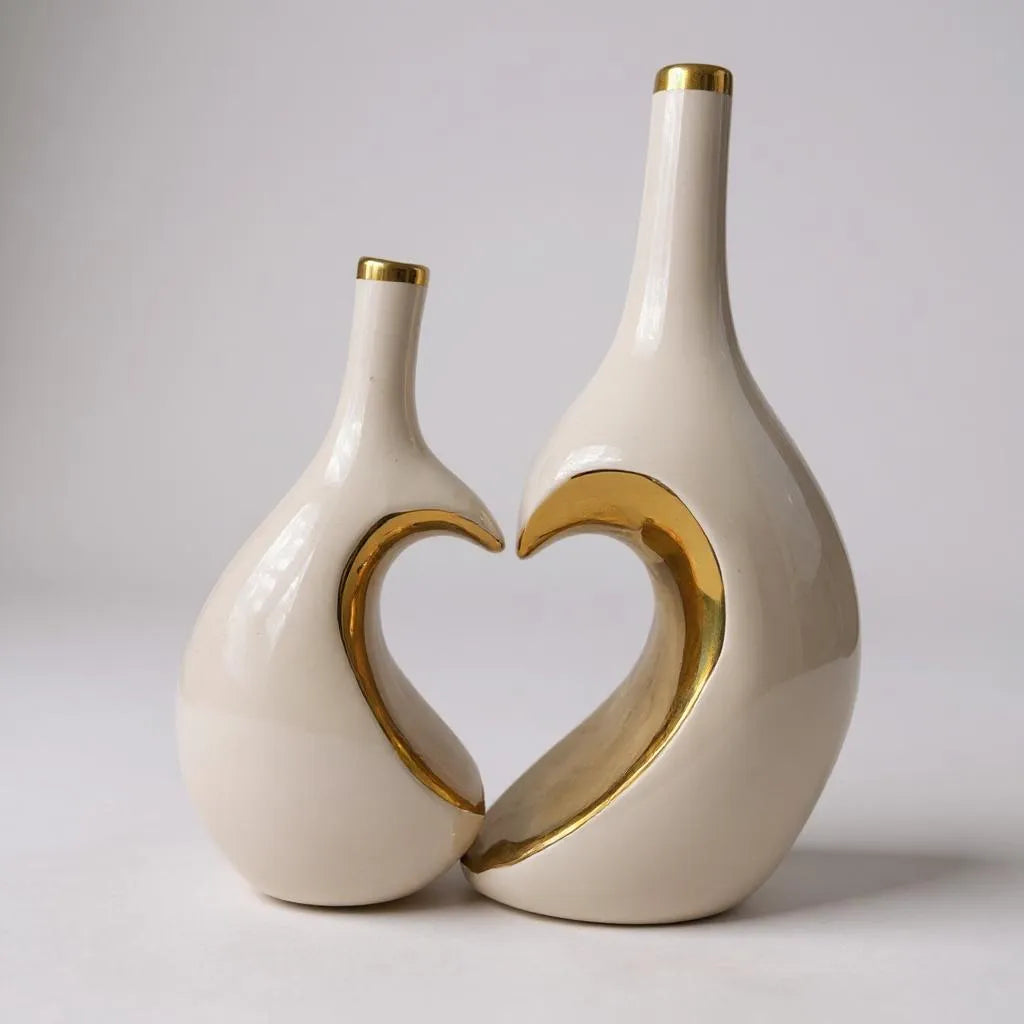 Conjunto de Vasos Decorativos com Coração Dourado Branco e Preto Alidolado