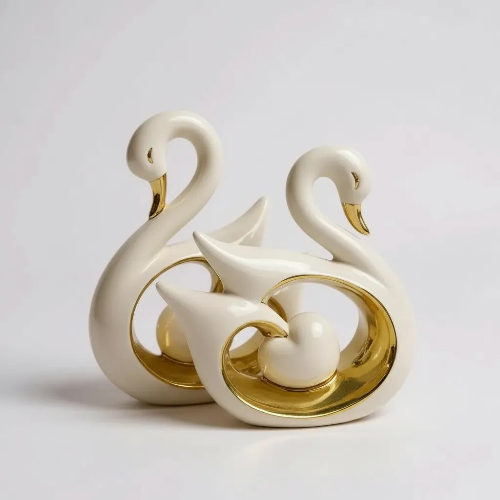 Par de Cisnes Decorativos Brancos com Detalhes Dourados