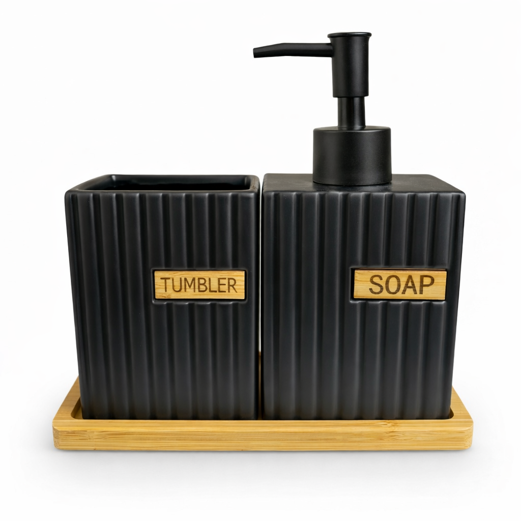 Kit Banheiro Cerâmico Cinza Fosco com Base em Bambu