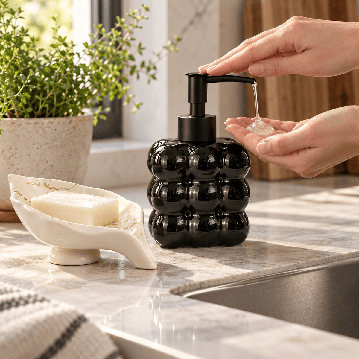 Kit Banheiro Dispenser Vidro Bolha 325ml + Saboneteira Cerâmica Preto ou Branco 2 Peças
