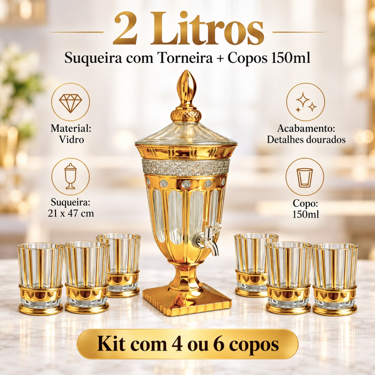 Suqueira de Vidro 2L com Torneira e Copos 150ml Dourados Kit 4 ou 6 Copos Dispenser de Suco Luxo Estilo Turco