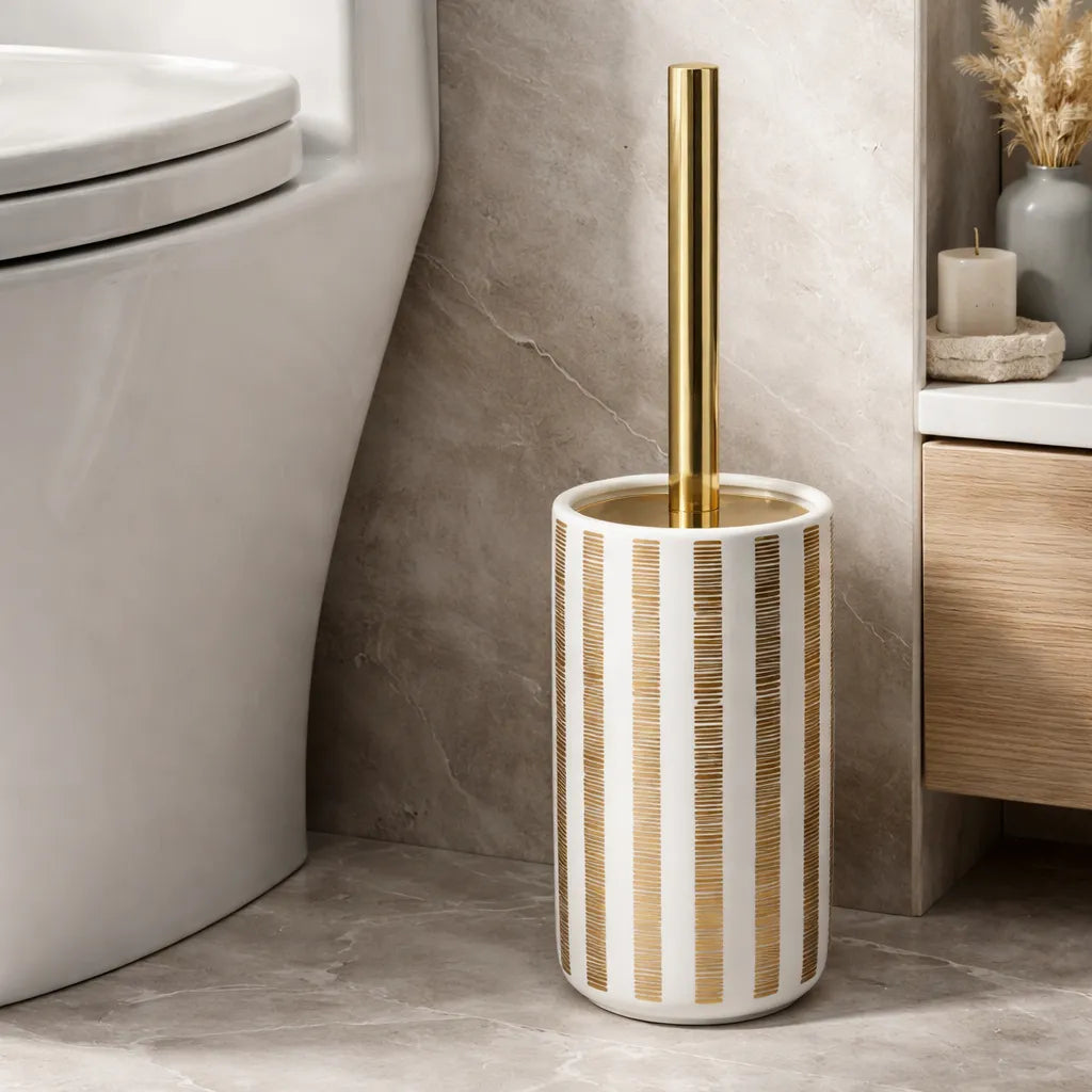 Suporte para Escova Sanitária Cerâmico Branco com Detalhes Dourados