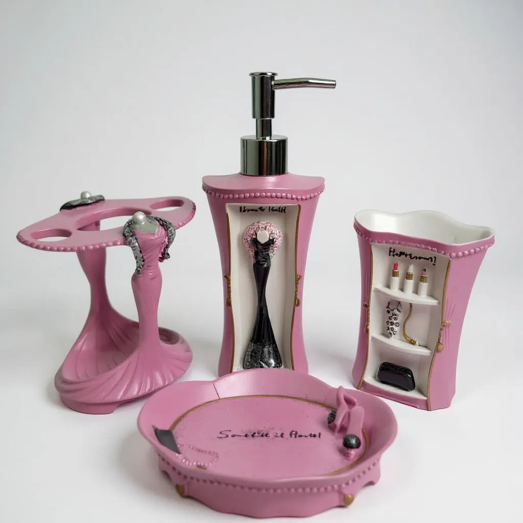 Conjunto de Acessórios para Banheiro Rosa Alidolado