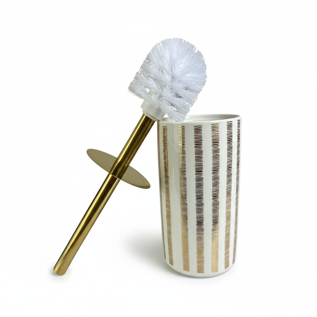 Suporte para Escova Sanitária Cerâmico Branco com Detalhes Dourados
