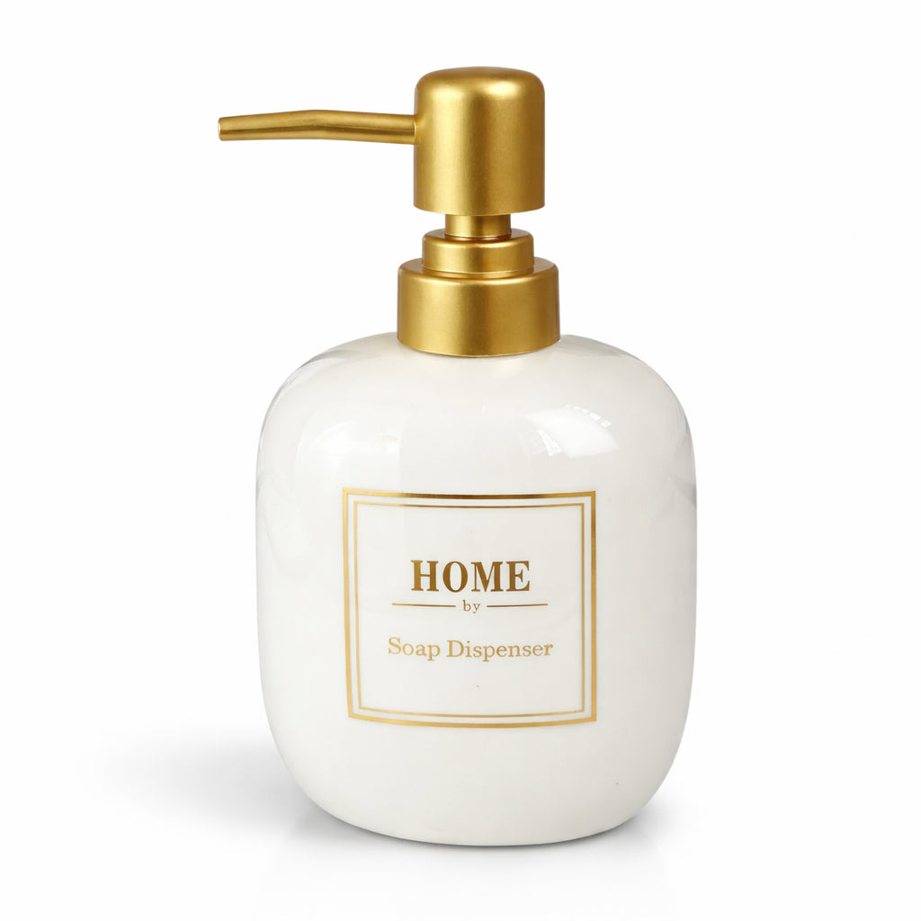 Dispenser de Sabonete Home Elegante em Cerâmica Branco com Tampa Dourada