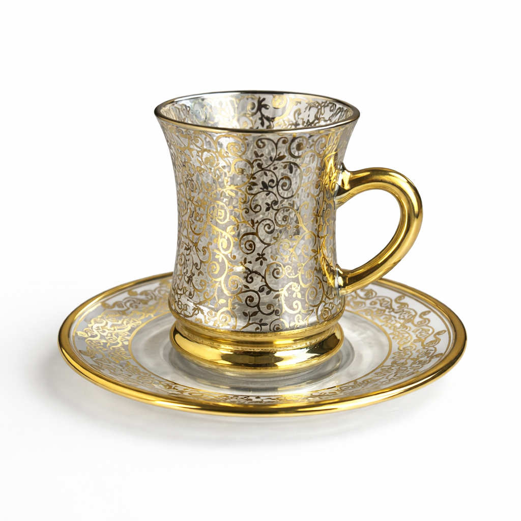 Xícara de Café de Vidro com Pires e Borda Dourada