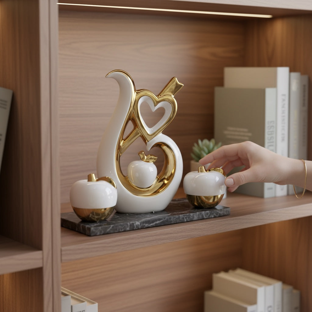 Conjunto de Esculturas Decorativas Corações e Maçãs em Cerâmica Branco com Dourado