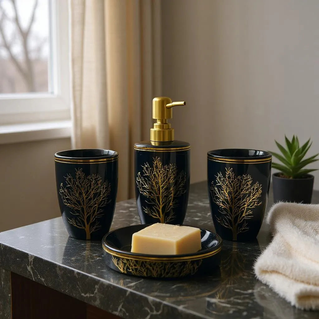Conjunto de Banheiro Preto com Dourado Alidolado