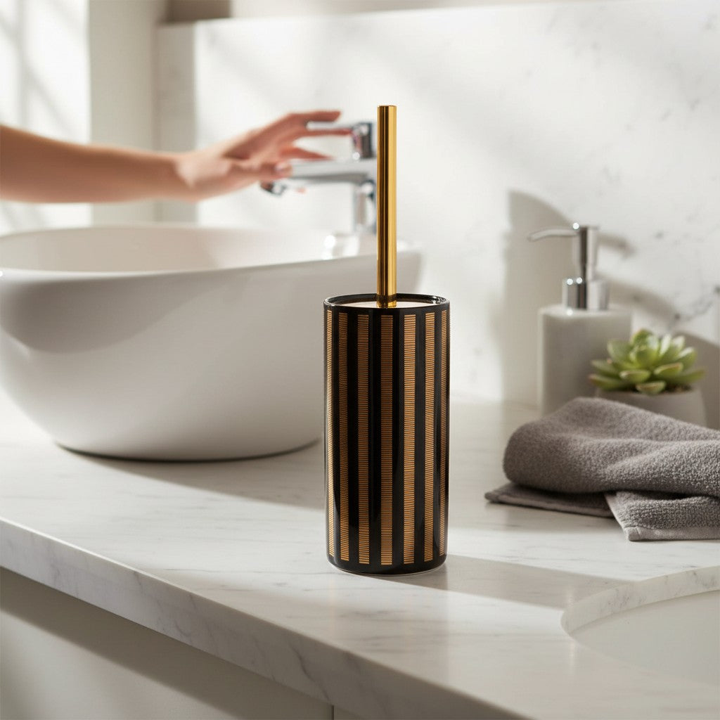 Suporte para Escova Sanitária Cerâmico Branco com Detalhes Dourados