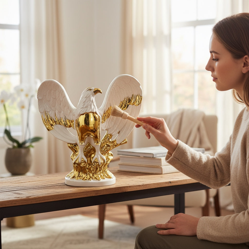 Escultura Decorativa Águia Majestosa em Cerâmica Branca com Detalhes Dourados