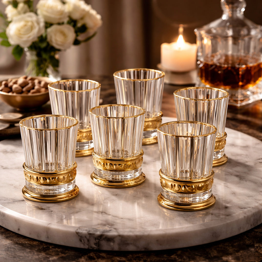Conjunto 6 Copos Vidro Turco 150ml Dourado para Água Suco Café Elegante