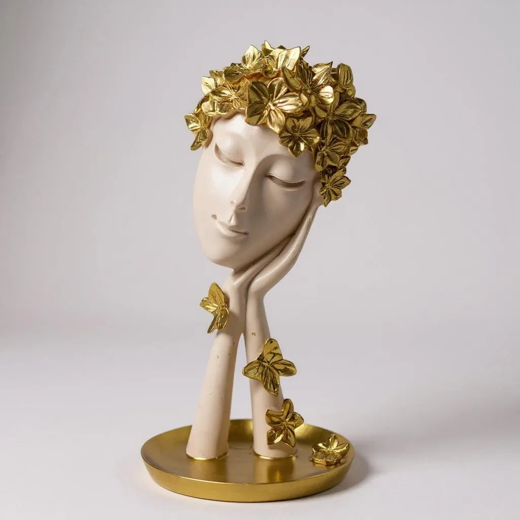 Escultura de Resina Flores e Borboletas Branco Alidolado
