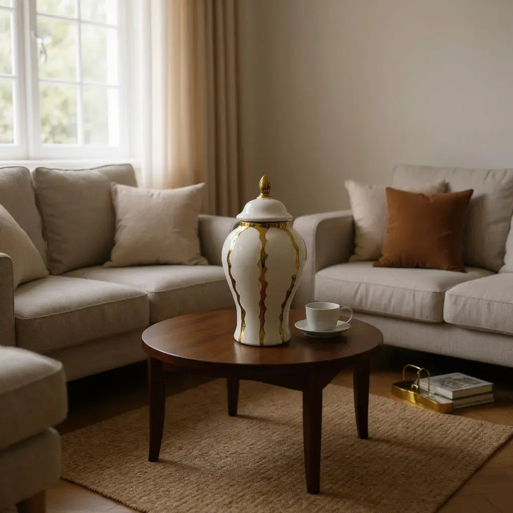 Pote Decorativo com Tampa e Detalhes Dourados Alidolado