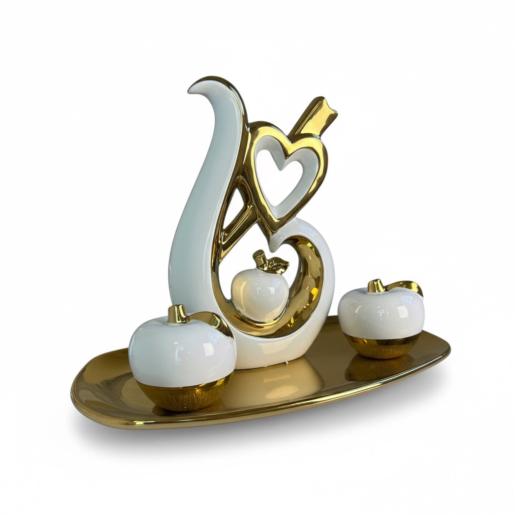 Conjunto de Esculturas Decorativas Corações e Maçãs em Cerâmica Branco com Dourado