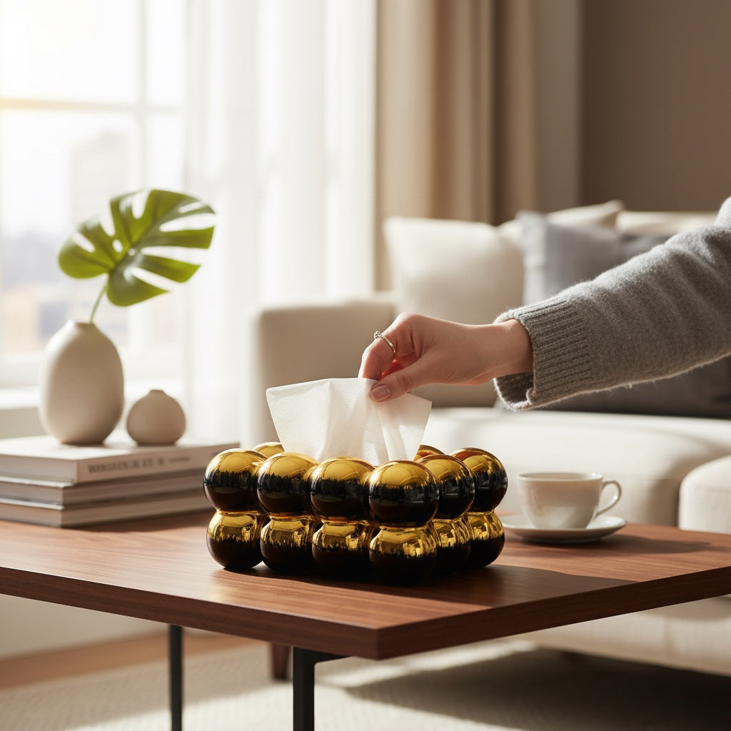 Porta-Guardanapo Oval em Cerâmica Preto com Detalhes Dourados