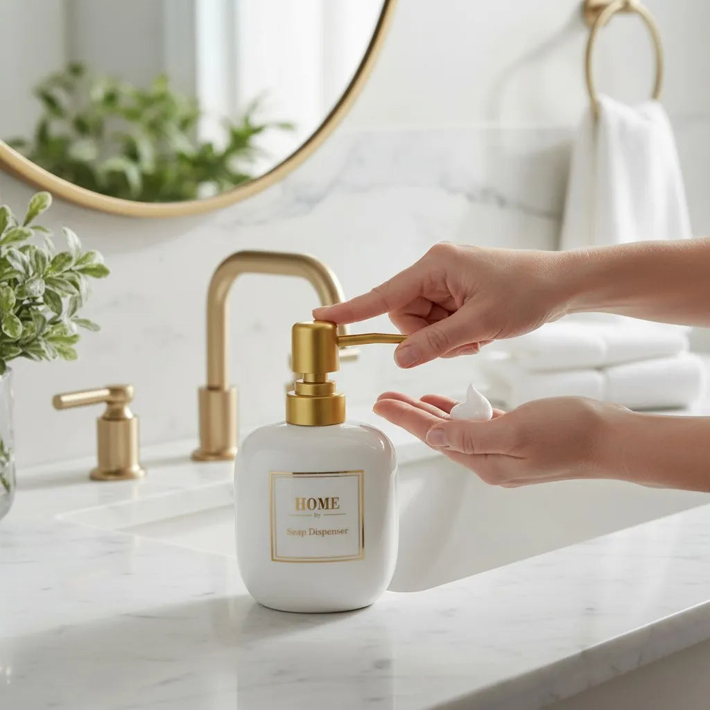 Dispenser de Sabonete Home Elegante em Cerâmica Branco com Tampa Dourada