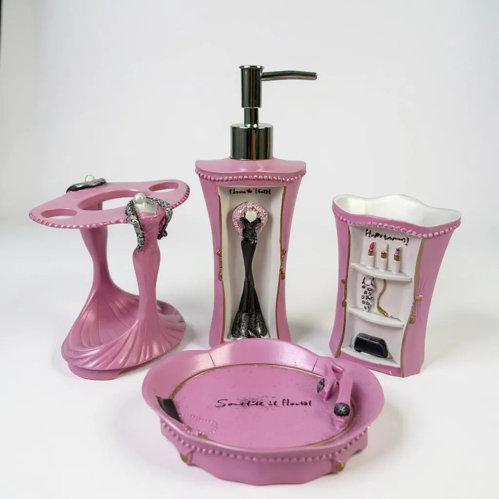 Conjunto de Acessórios para Banheiro Rosa Alidolado