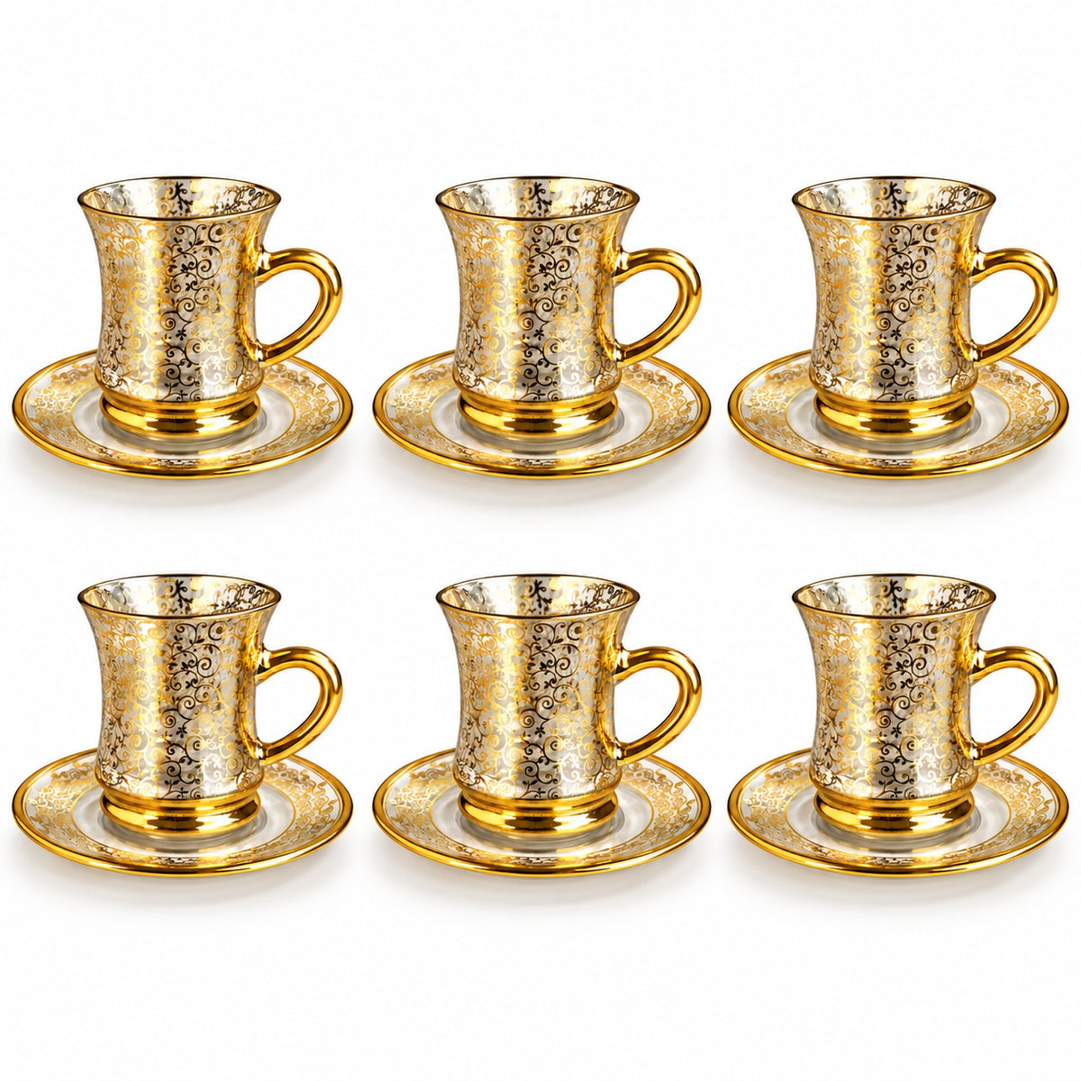 Conjunto de Xícaras Turcas de Vidro com Pires 90ml Borda Dourada Chá e Café Kit 2 a 12 Unidades Modelo Árabe