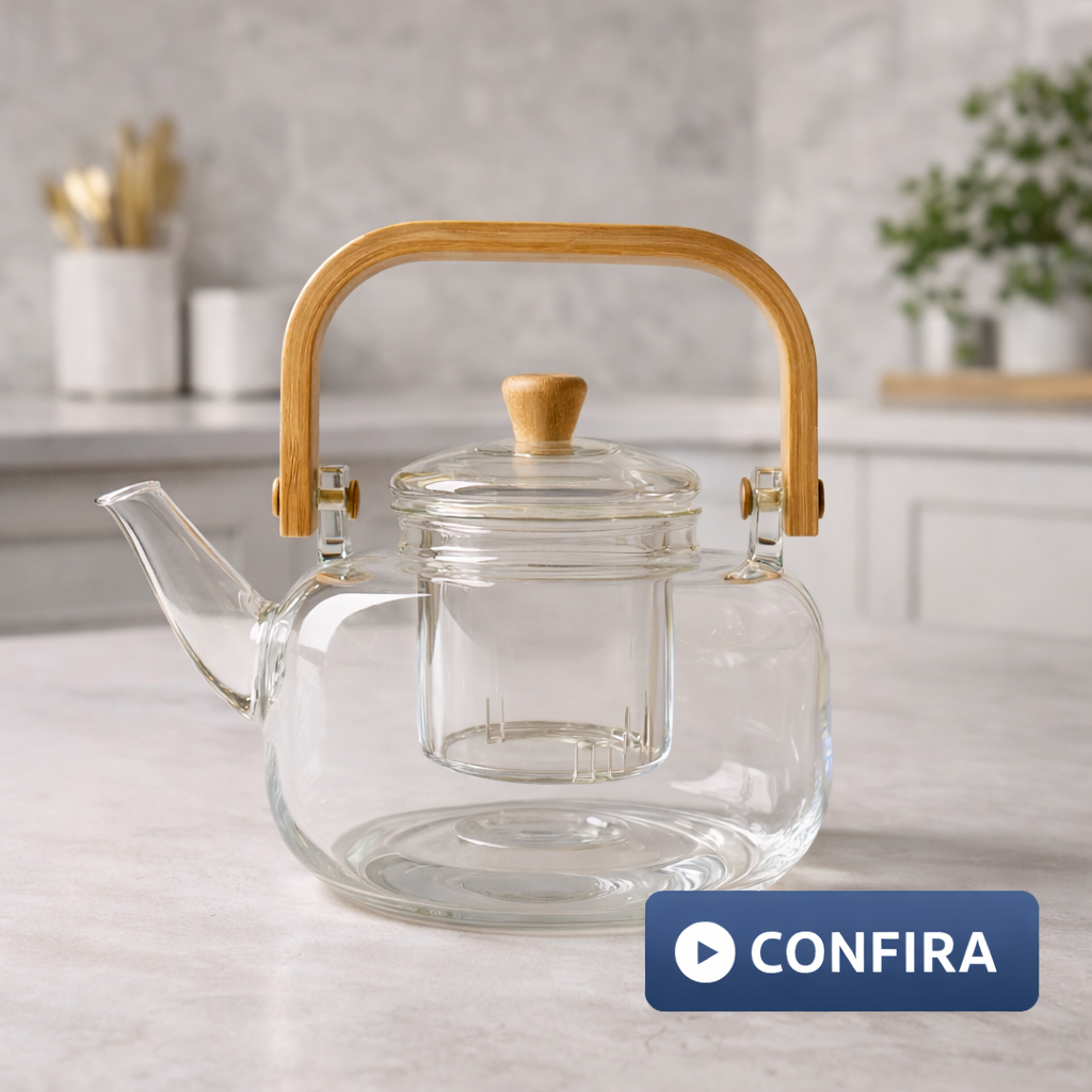 Chaleira Bule de Vidro 1000ML com Alça em Bambu