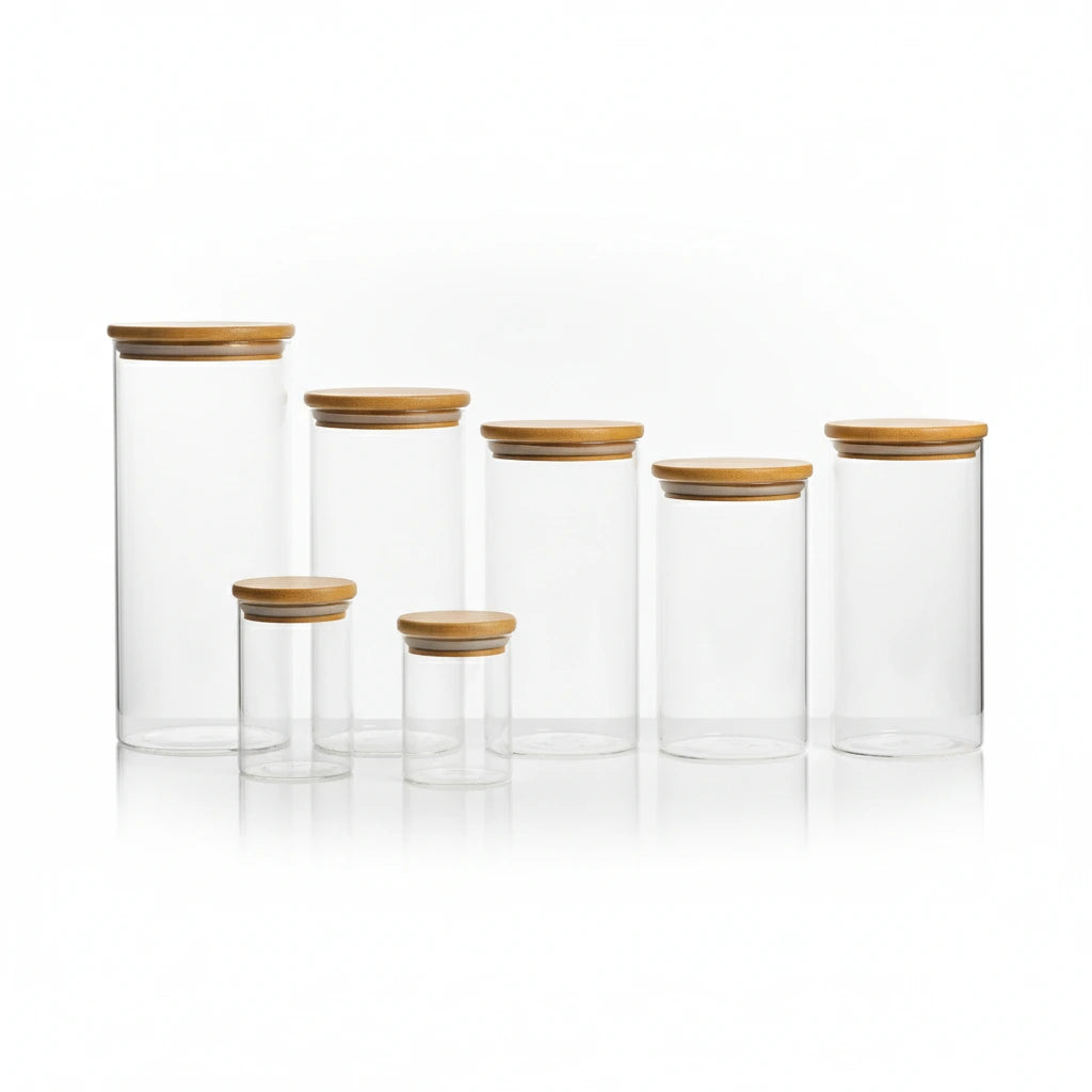 Kit Conjunto de 9 Potes Herméticos de Vidro Com Tampa de Bambu